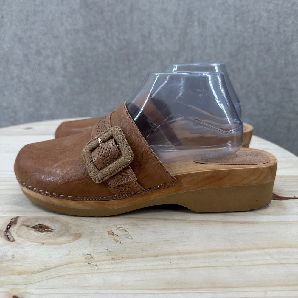 Kelsi Dagger Brooklyn Carve Clog Womens 9.5 Tan Leather Wood Platform Mules
